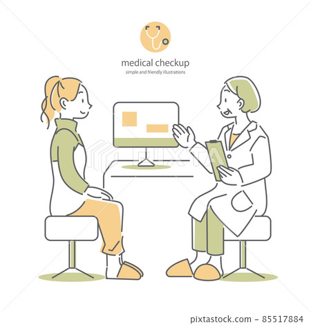 A veteran female doctor who explains that she is a young woman who goes to a gynecologist. Simple and stylish line drawing illustration. A veteran female doctor who explains that she is a young woman who goes to a gynecologist. Simple and stylish line drawing illustration. 85517884