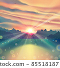 Sunset landscape with lake against summer forest with water reflections, morning sunrise drawing art on canvas as vector painting with beautiful pond and trees in nature. 85518187