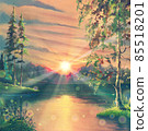 Sunset oil painting landscape with lake against summer forest with water reflections, morning sunrise drawing art on canvas with beautiful pond and trees in nature. 85518201