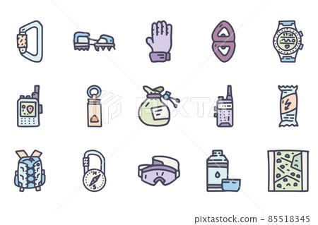 Rock climbing equipment color vector doodle simple icon set 85518345