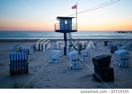 Watchtower for lifeguards on the baltic sea at sunset. Watchtower for lifeguards on the baltic sea at sunset. 85519105