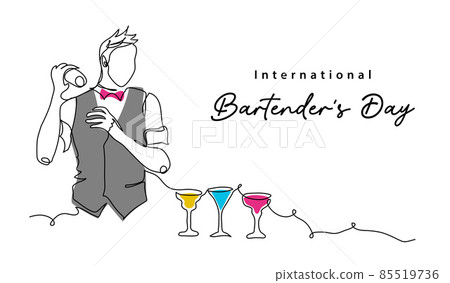 Bartenders Day simple vector illustration. Barman or barista job minimal background, banner, poster. One continuous line art drawing for international bartenders day celebration Bartenders Day simple vector illustration. Barman or barista job minimal background, banner, poster. One continuous line art drawing for international bartenders day celebration 85519736
