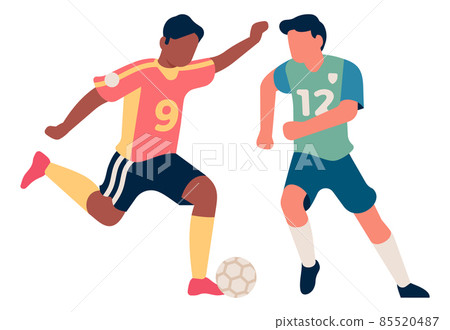 Soccer player kicking ball in front of another team member. Shot attempt Soccer player kicking ball in front of another team member. Shot attempt 85520487