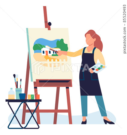 Woman painting picture on easel. Artist drawing landscape 85520493
