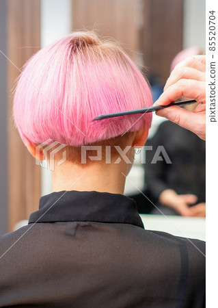 Professional hairdresser brushing short pink hair of young woman with a comb in a hairdressing salon, woman hair, rearview, copy space, back view. Professional hairdresser brushing short pink hair of young woman with a comb in a hairdressing salon, woman hair, rearview, copy space, back view. 85520704