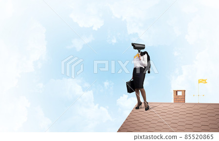Concept of security and privacy protection with camera headed woman Concept of security and privacy protection with camera headed woman 85520865