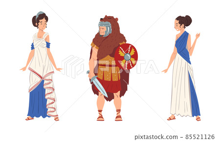 Ancient Roman Soldier or Greek Warrior and Woman in Long Tunic Standing Vector Set 85521126