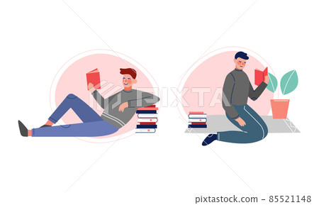 Man Sitting on Floor and Reading Interesting Book Vector Set Man Sitting on Floor and Reading Interesting Book Vector Set 85521148