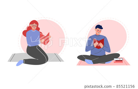 Man and Woman Sitting on Floor and Reading Interesting Book Vector Set Man and Woman Sitting on Floor and Reading Interesting Book Vector Set 85521156