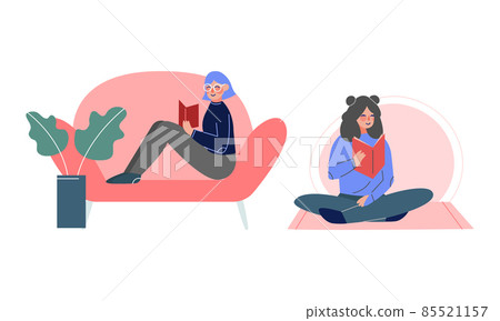 Woman Sitting and Reading Interesting Book Vector Set Woman Sitting and Reading Interesting Book Vector Set 85521157