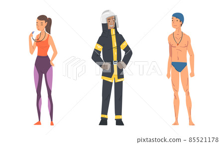 Woman Physical Education Teacher with Whistle and Man Firefighter Vector Set Woman Physical Education Teacher with Whistle and Man Firefighter Vector Set 85521178