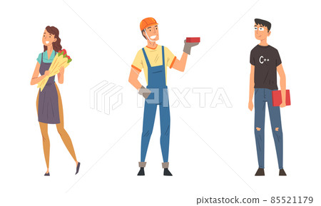 Woman Florist with Flower Bouquet and Man Builder with Brick Vector Set 85521179