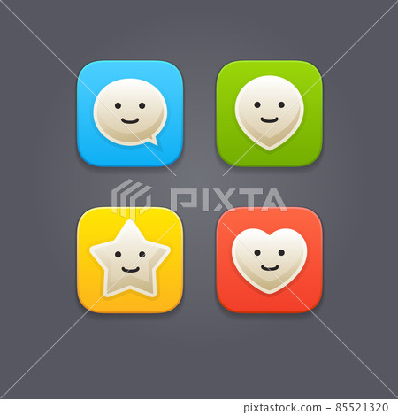 Vector UI icons with speech bubble, pin, star and heart symbols. Set of cute rounded buttons with smiley faces Vector UI icons with speech bubble, pin, star and heart symbols. Set of cute rounded buttons with smiley faces 85521320