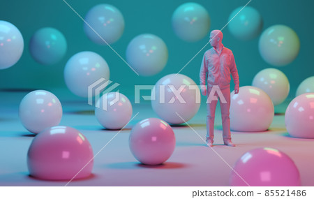 3D rendering of a man stnading between flying spheres 3D rendering of a man stnading between flying spheres 85521486