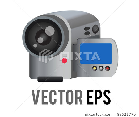 Gray video digital camera, camcorder icon with selfie screen, control buttons 85521779