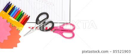 Set of school and office supplies isolated on white background. Free space for text. Wide photo. Set of school and office supplies isolated on white background. Free space for text. Wide photo. 85521903