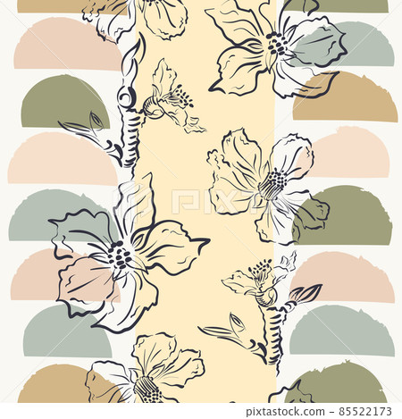 Seamless pattern featuring abstract geometric shapes and hand drawn branch blossom in scandinavian patchwork style. Vector Seamless pattern featuring abstract geometric shapes and hand drawn branch blossom in scandinavian patchwork style. Vector 85522173