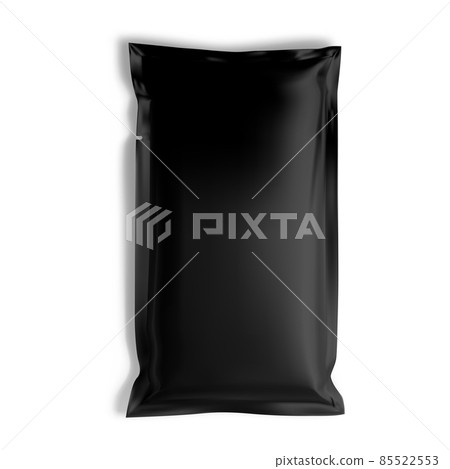 Foil sachet mockup. Black paper pouch, vector blank 85522553