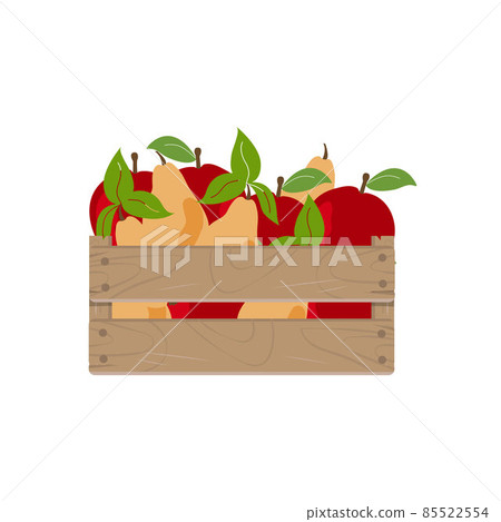 Wooden box with red apple and pear, case with fruits isolated on white background. Vector illustration 85522554