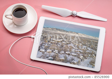winter dawn over residential area of Fort Collins in Colorado 85526900