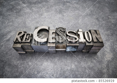 recession word abstract in gritty vintage letterpress metal type 85526919