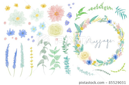 Colorful wreath of watercolor flowers and vegetation and set illustration of disjointed 85529031