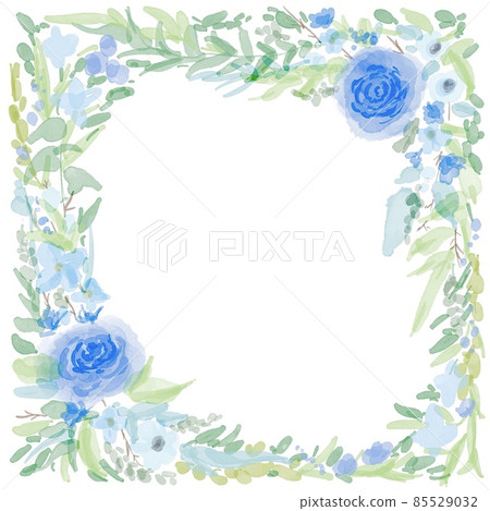 Watercolor blue rose and vegetation decorative frame 85529032