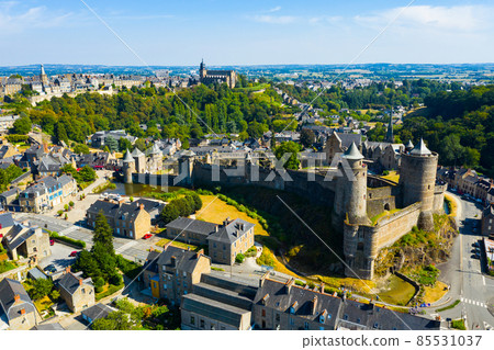 Drone view of medieval chateau in French town of Fougeres 85531037