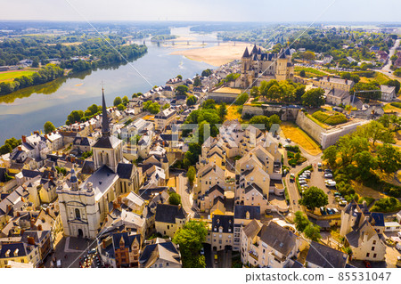 Fly over picturesque town of Saumur and medieval castle Saumur. France Fly over picturesque town of Saumur and medieval castle Saumur. France 85531047