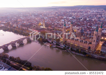 City Zaragoza on dawn. Aerial view.  85531472