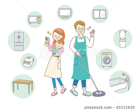 A smiling couple sterilizing the inside of the house, furniture and home appliances 85531630