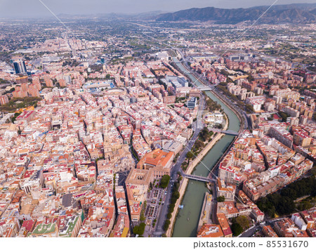 Aerial view of Murcia cityscape with a segura river and apartment buildings 85531670