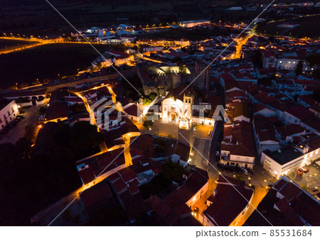 Night aerial view of Sepra with Castle and clock tower Night aerial view of Sepra with Castle and clock tower 85531684