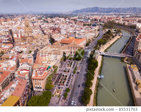 Aerial view of part of european city Murcia with coast line of segura river 85531703