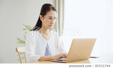 Presbyopia senior woman using a personal computer. Presbyopia senior woman using a personal computer. 85531744