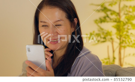 晚上在客廳裡用智能手機的老婦人 85532790