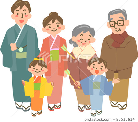 A three-generation family in kimono going to the first shrine A three-generation family in kimono going to the first shrine 85533634
