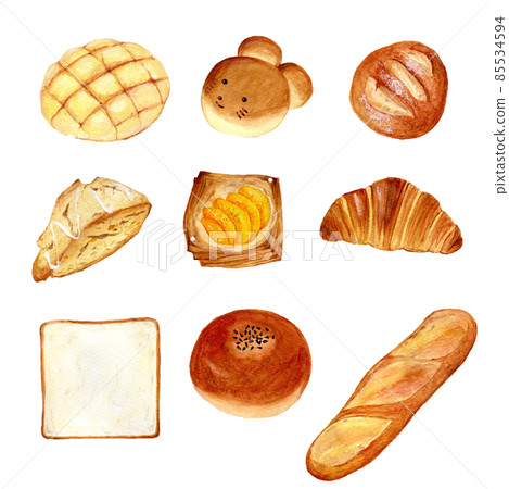 Hand-drawn watercolor cute bread illustration set (melon bread, bean bun, sliced bread, croissant, French bread, sweet Hand-drawn watercolor cute bread illustration set (melon bread, bean bun, sliced bread, croissant, French bread, sweet 85534594