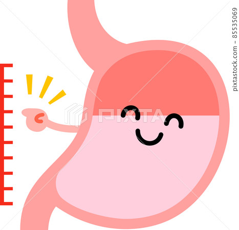 Stomach character pointing to the scale, 7th minute of the belly 85535069
