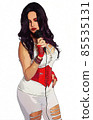 1980s Style Singer With Microphone Wearing White and Red Clothing 85535131