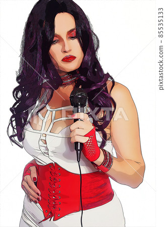 1980s Style Singer With Microphone Wearing White and Red Clothing 85535133