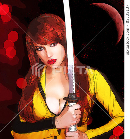 Comic Book Style Illustration of Woman With Sword 85535137