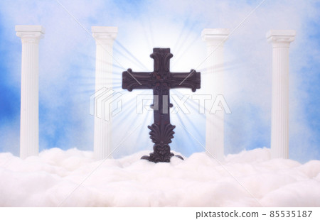 Heaven Columns and Clouds With Blue Sky and Cross 85535187