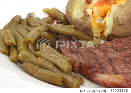 Steak and Mushrooms With Green Beans and Potato Steak and Mushrooms With Green Beans and Potato 85535188