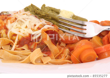 Asparagus and Carrots with Baked Chicken and Marinara Sauce 85535277