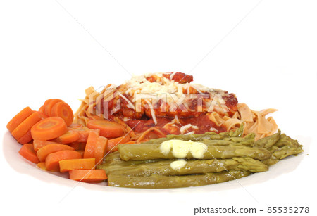 Asparagus and Carrots with Baked Chicken and Marinara Sauce Asparagus and Carrots with Baked Chicken and Marinara Sauce 85535278