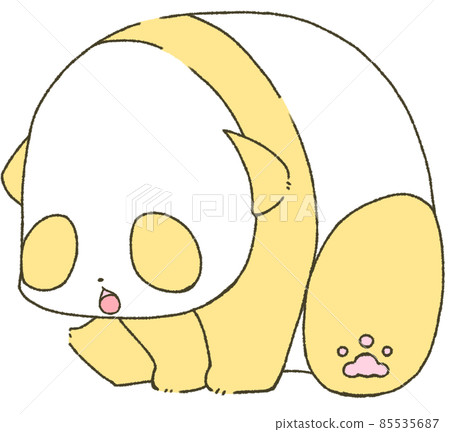 A child's panda (yellow) who sits down and leans forward to open his mouth 85535687