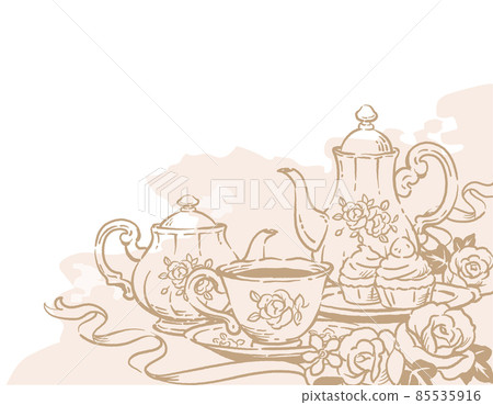 下午茶時間和古董配件的插圖材料。茶壺和茶杯。矢量圖 85535916