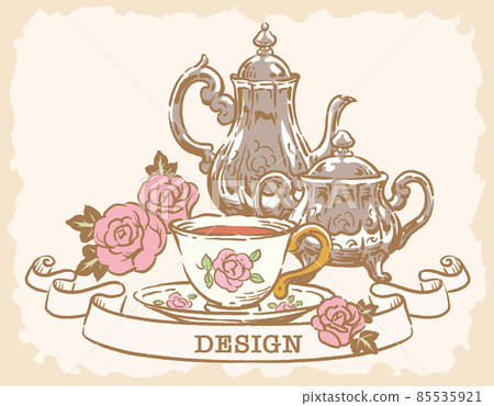 下午茶時間和古董配件的插圖材料。茶壺和茶杯。矢量圖 85535921