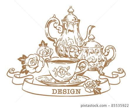 下午茶時間和古董配件的插圖材料。茶壺和茶杯。矢量圖 85535922